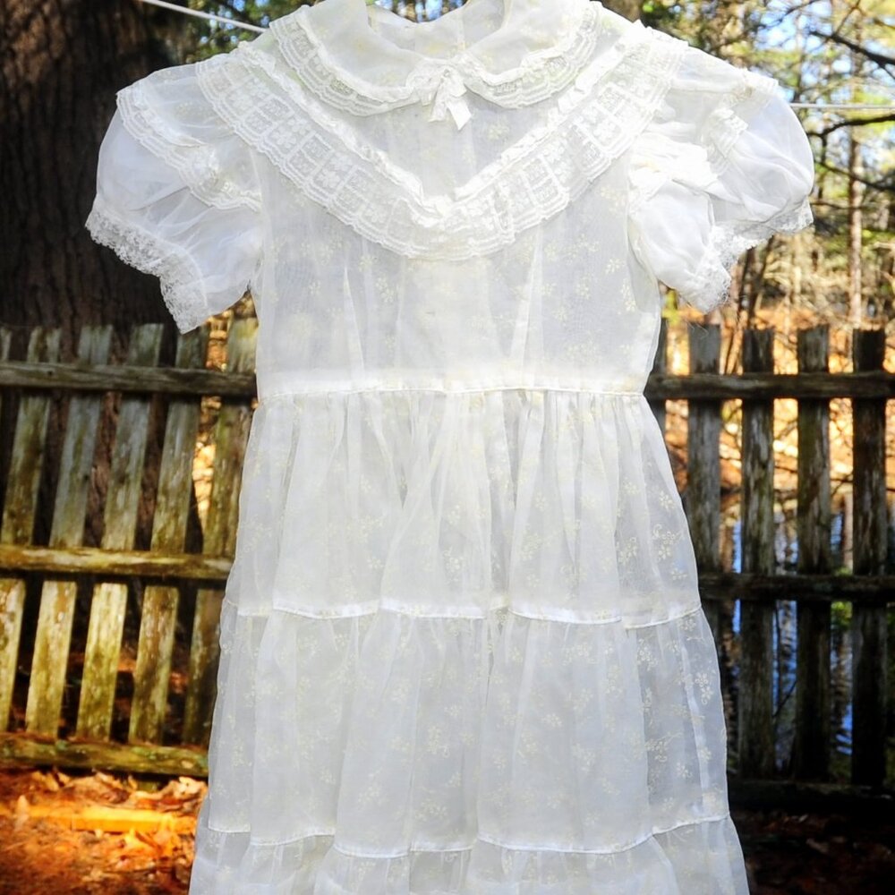 VTG 60s Little Girls Off-White Organza Party Dress Size 5/6 Floral Flocked/Lace